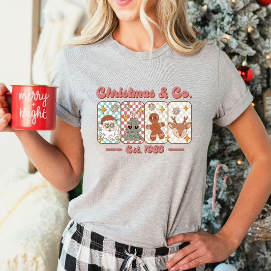 Retro Christmas and Company Shirt, Cute Xmas Tree TShirt, Vintage Christmas Graphic Tee, Groovy Santa Reindeer Shirt, Christmas Gift for Her
