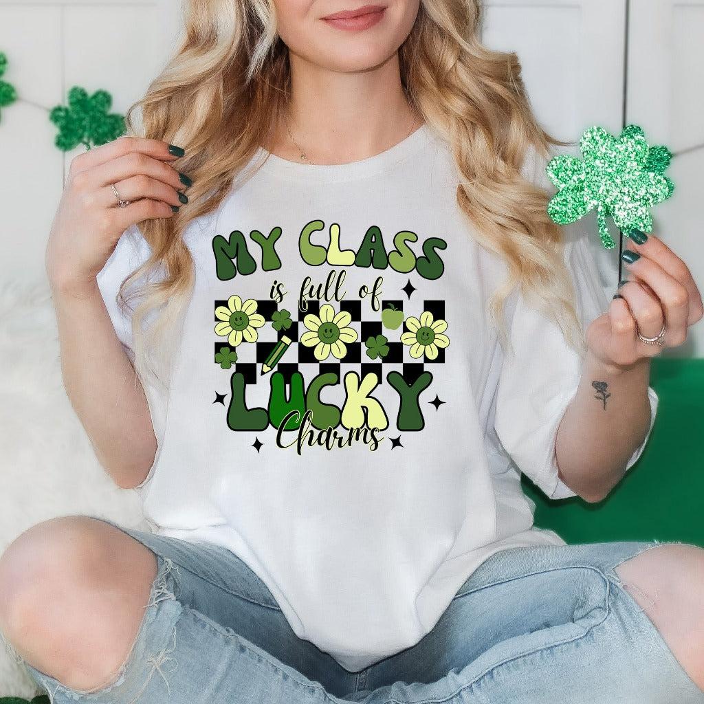 St Patricks Day Teacher Shirt, My Class is Full of Lucky Charms TShirt, St Paddys Graphic Tee, Kindergarten Elementary Teacher Shirts Gift