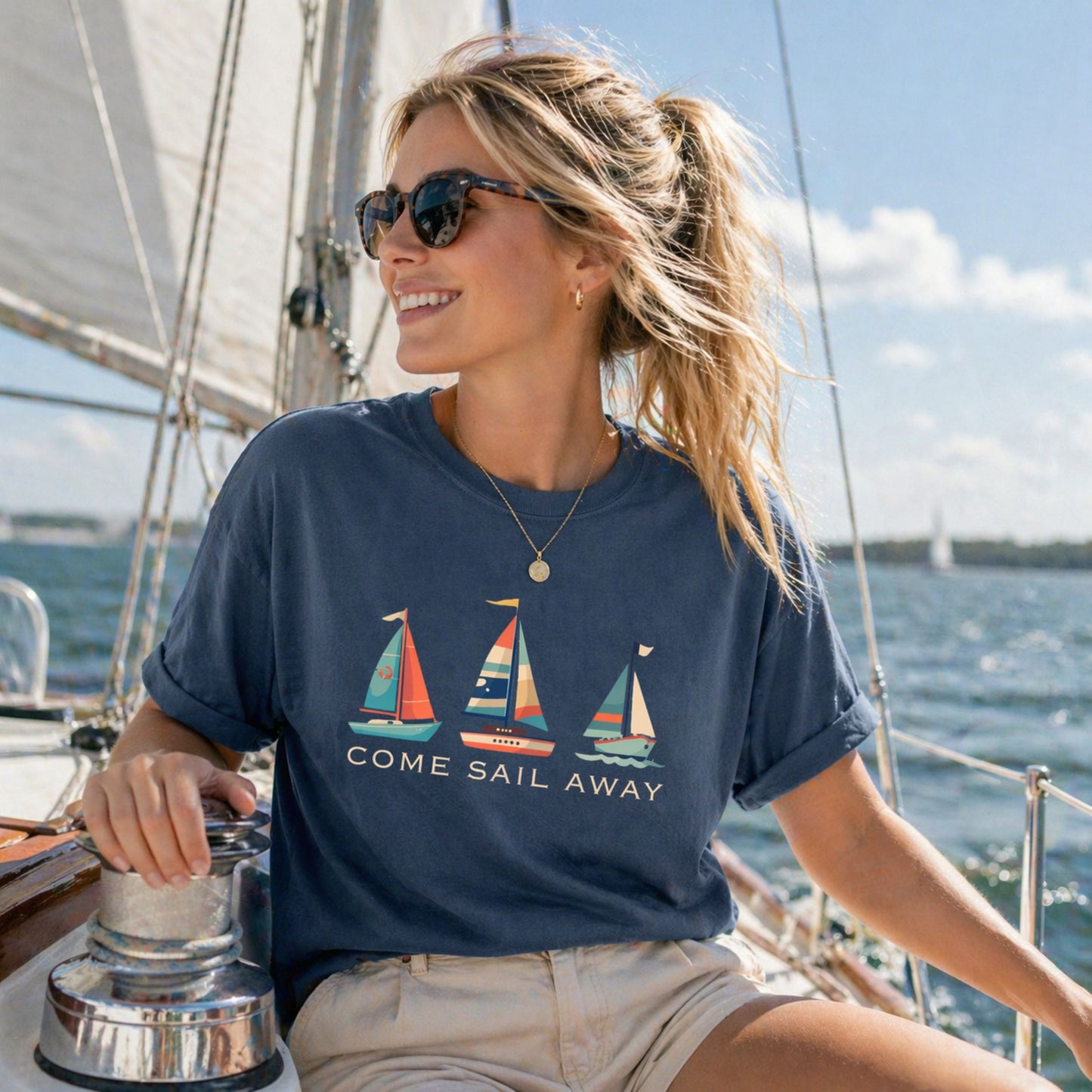 Woman on a sailboat wearing a navy t-shirt with sailboat design and 'Come Sail Away' text.