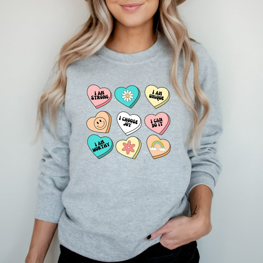 Positive Affirmations Teacher Sweatshirt, Candy Heart Crewneck, Valentines Day Sweater, Conversation Hearts, Valentines Shirt for Teachers