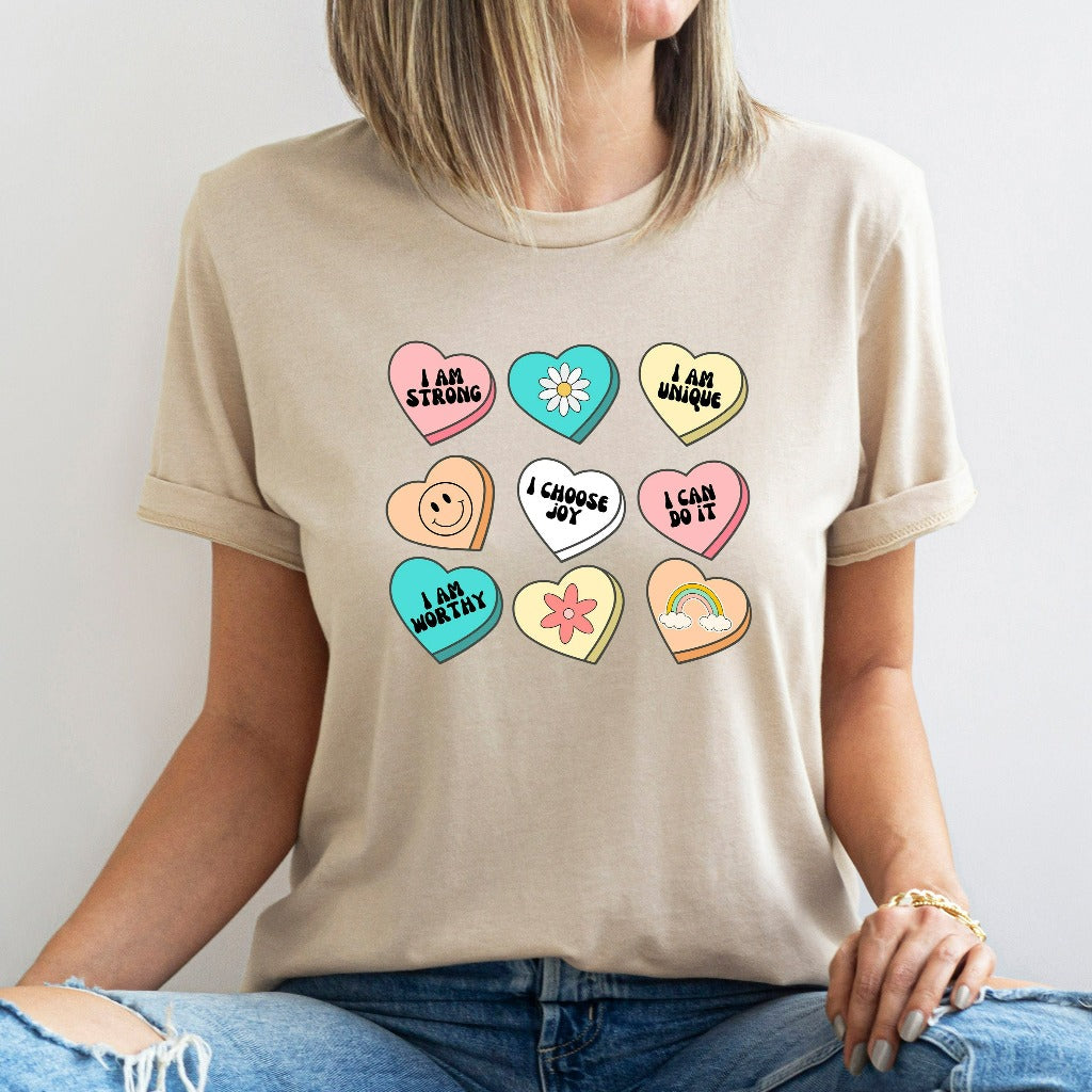 Positive Affirmations Shirt, Teacher Valentine TShirt, Candy Heart Graphic Tee, Women Valentines Day Shirt, Inspirational Valentines Day Tee