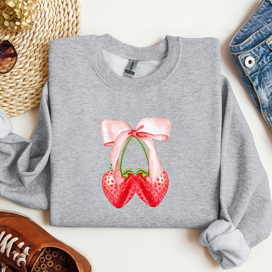 Pink Bow Coquette Strawberry Sweatshirt, Strawberry Crewneck, Girly Pink Sweater, Coquette Bow Shirt, Coquette Aesthetic Shirt, Gift for Her