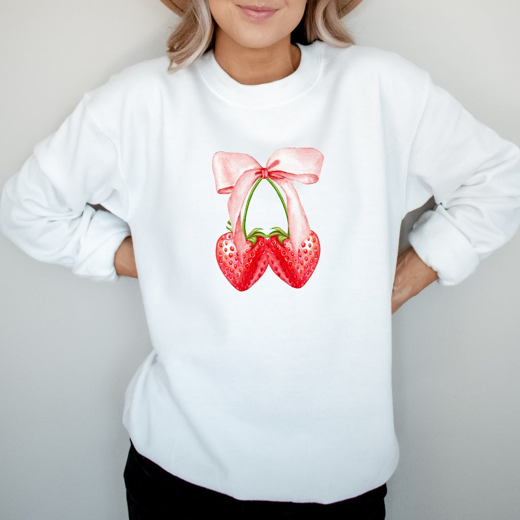 Pink Bow Coquette Strawberry Sweatshirt, Strawberry Crewneck, Girly Pink Sweater, Coquette Bow Shirt, Coquette Aesthetic Shirt, Gift for Her