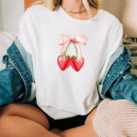 Pink Bow Coquette Strawberry Shirt, Strawberry TShirt, Girly Pink Graphic Tee, Coquette Bow Shirt, Coquette Aesthetic T Shirt, Gift for Her