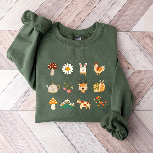 Vintage Cottagecore Doodles Sweatshirt, Boho Flowers Crewneck, Cottage Core Sweater, Fairy Core Aesthetic Sweatshirt, Mushroom Gift for Her