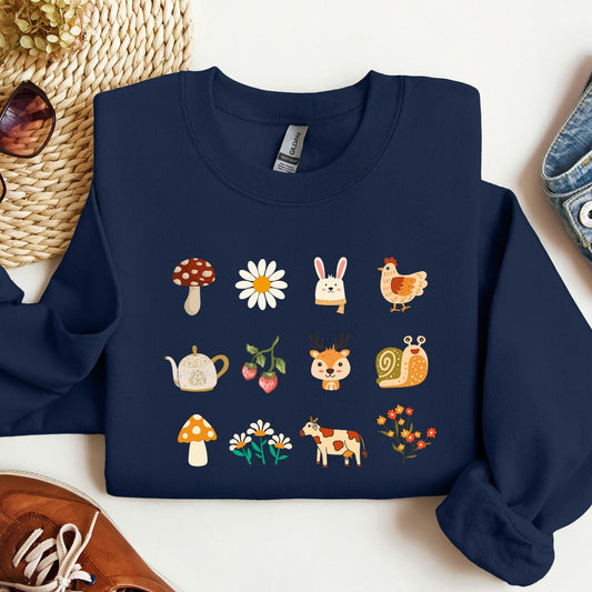 Vintage Cottagecore Doodles Sweatshirt, Boho Flowers Crewneck, Cottage Core Sweater, Fairy Core Aesthetic Sweatshirt, Mushroom Gift for Her