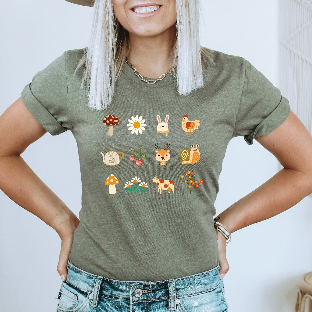 Cottagecore Doodles Shirt, Aesthetic Flower TShirt, Floral Graphic Tee, Botanical Shirt, Mushroom Nature Shirt, Cute Gift for Her, Forest