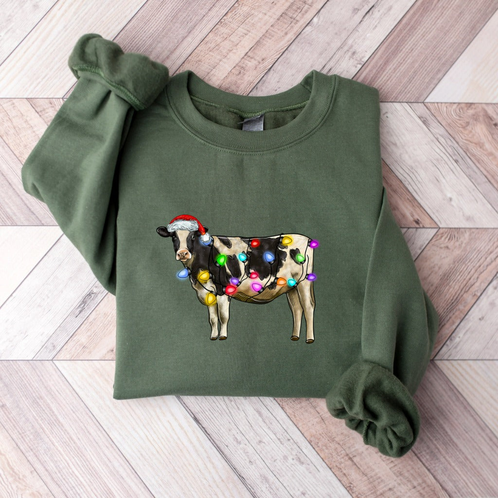 Cow Christmas Lights Sweatshirt, Funny Cow Lover Crewneck, Christmas Farm Sweater, Funny Holiday Outfit, Cow Santa Shirt, Funny Heifer Gift