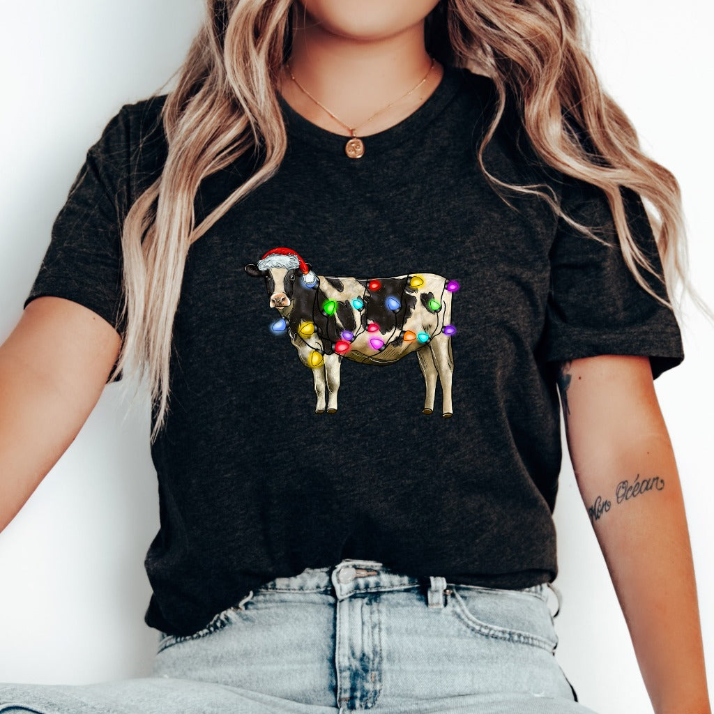 Cow Christmas Lights Shirt, Cow Lover TShirt, Christmas Cow Graphic Tee, Funny Holiday Outfit, Funny Farm Animal Christmas Shirt for Her