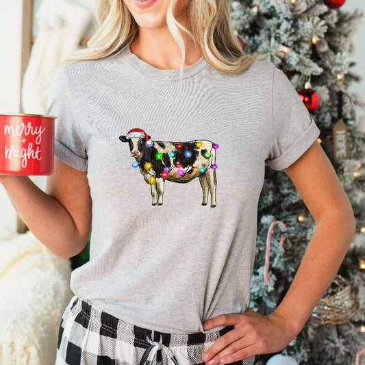Cow Christmas Lights Shirt, Cow Lover TShirt, Christmas Cow Graphic Tee, Funny Holiday Outfit, Funny Farm Animal Christmas Shirt for Her