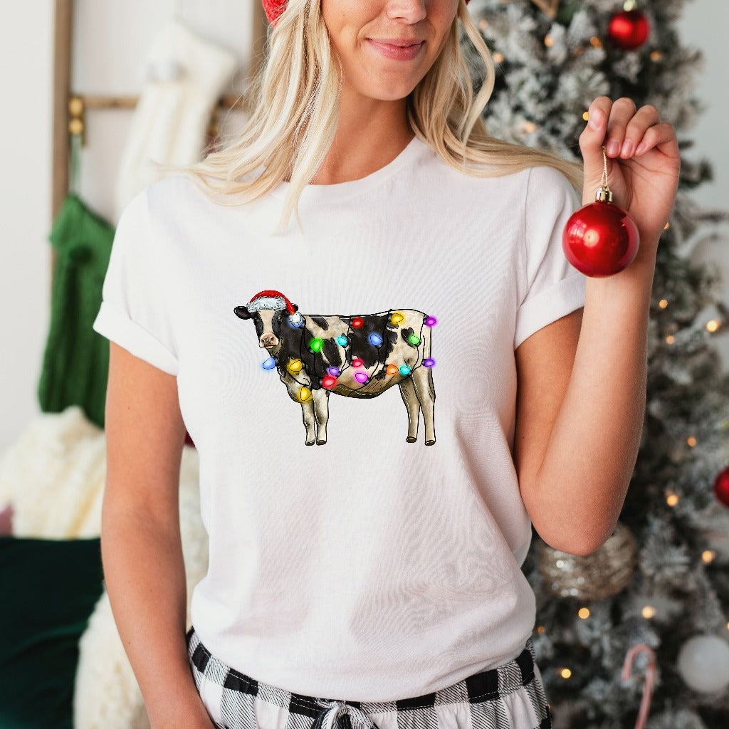 Cow Christmas Lights Shirt, Cow Lover TShirt, Christmas Cow Graphic Tee, Funny Holiday Outfit, Funny Farm Animal Christmas Shirt for Her
