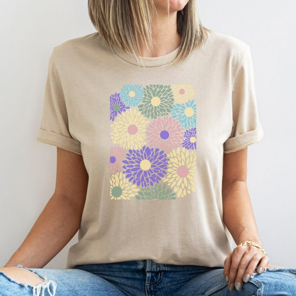 Flowers Shirt, Boho Wildflowers Floral Nature TShirt, Dahlia's Graphic Tee, Vintage Abstract Dahlia Flowers Gift, Retro Wildflower T-Shirt