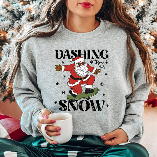 Dashing Through the Snow Christmas Sweatshirt, Womens Christmas Sweater, Skateboarding Santa Crewneck Pullover, Christmas Holiday Gift