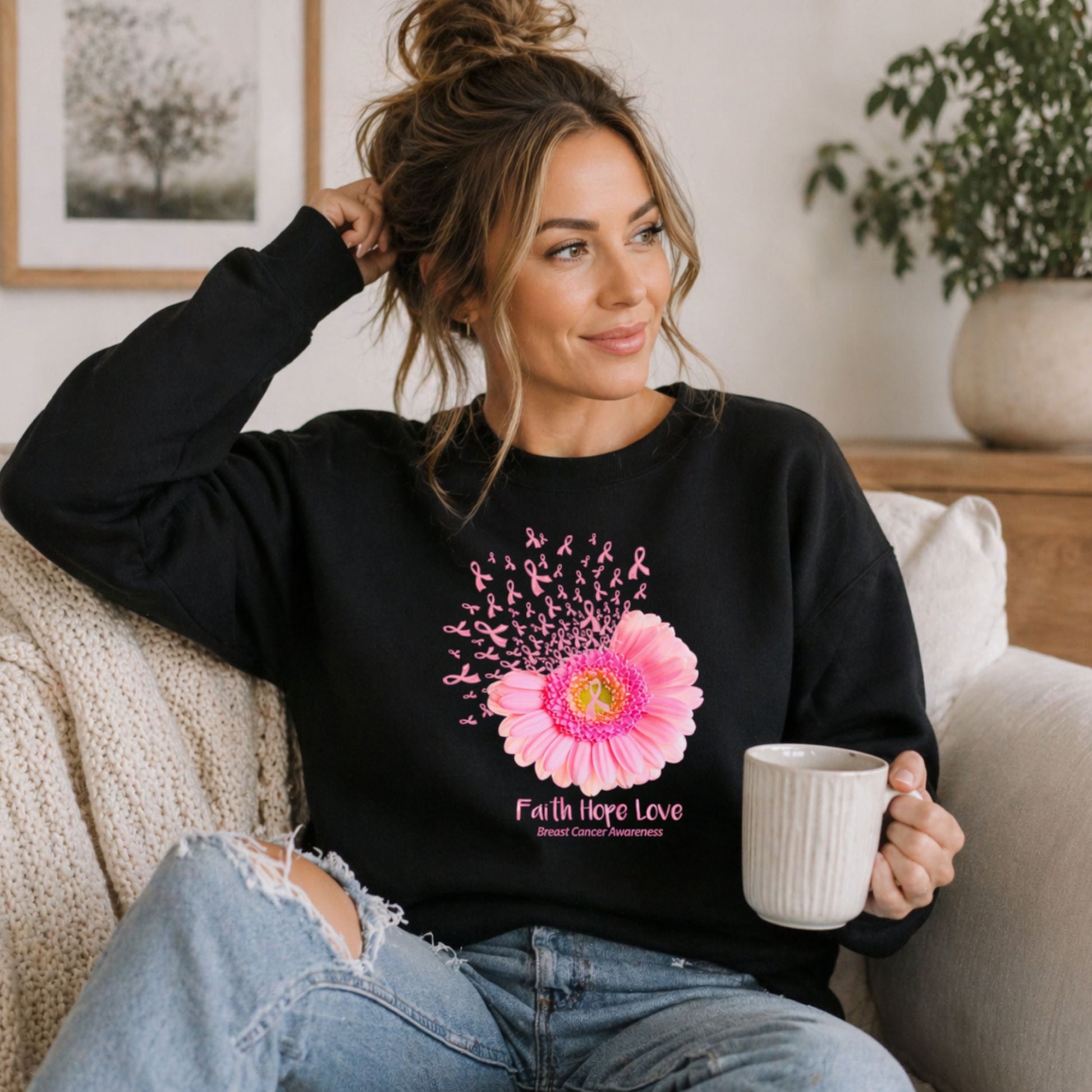 Woman sitting on a couch wearing a black sweatshirt with a pink flower breast cancer awareness design and text, holding a white mug.