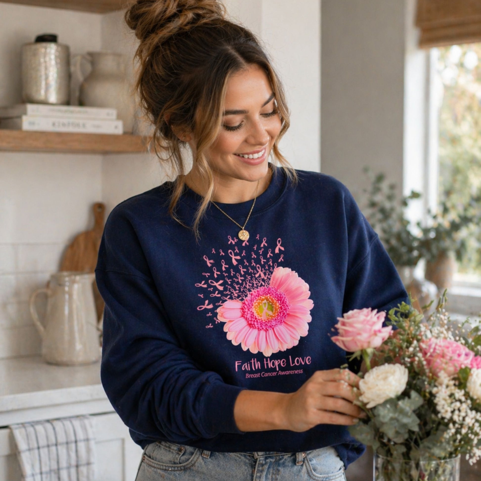 Woman wearing a navy sweatshirt with a pink breast cancer awareness flower design, standing in a kitchen.