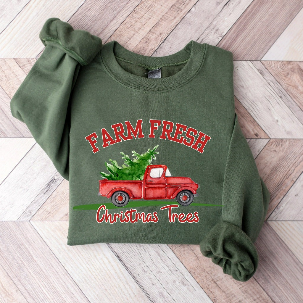 Farm Fresh Christmas Tree Sweatshirt, Womens Christmas Sweater, Christmas Crewneck Pullover, Christmas Holiday Gift, Winter Sweatshirt