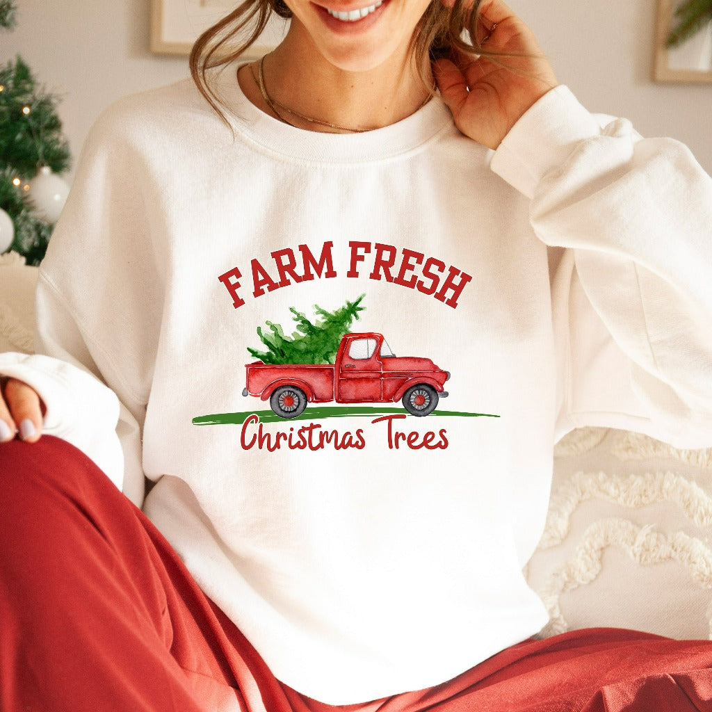 Farm Fresh Christmas Tree Sweatshirt, Womens Christmas Sweater, Christmas Crewneck Pullover, Christmas Holiday Gift, Winter Sweatshirt