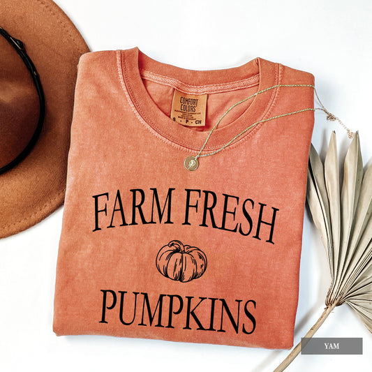 A folded terracotta-colored t-shirt with 'FARM FRESH PUMPKINS' and a pumpkin graphic printed on the front, styled with a brown hat, a necklace, and dried palm leaves on a white background.