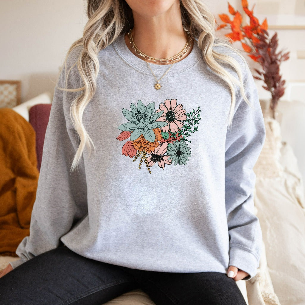 Floral Bouquet Crewneck Sweatshirt, Boho Flowers Sweater, Retro Floral Hoodie, Vintage Botanical Flowers Mom Gift, Retro Wildflower Shirt