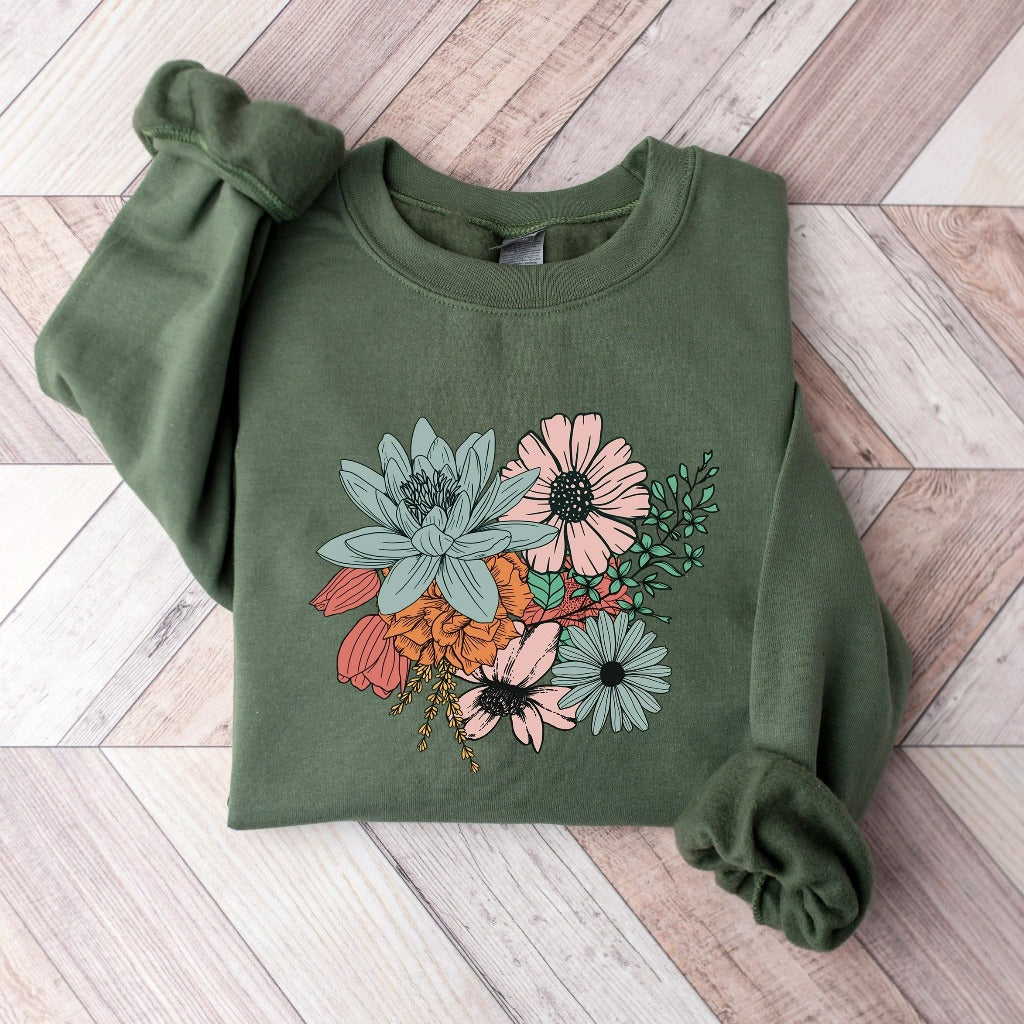 Floral Bouquet Crewneck Sweatshirt, Boho Flowers Sweater, Retro Floral Hoodie, Vintage Botanical Flowers Mom Gift, Retro Wildflower Shirt