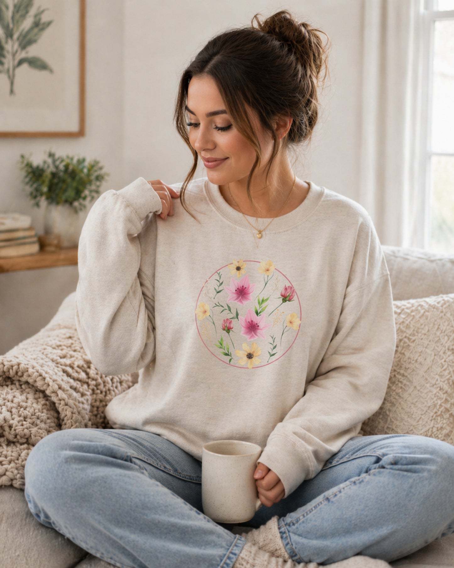 Woman wearing a cream sweatshirt with floral design, sitting on a couch holding a mug.