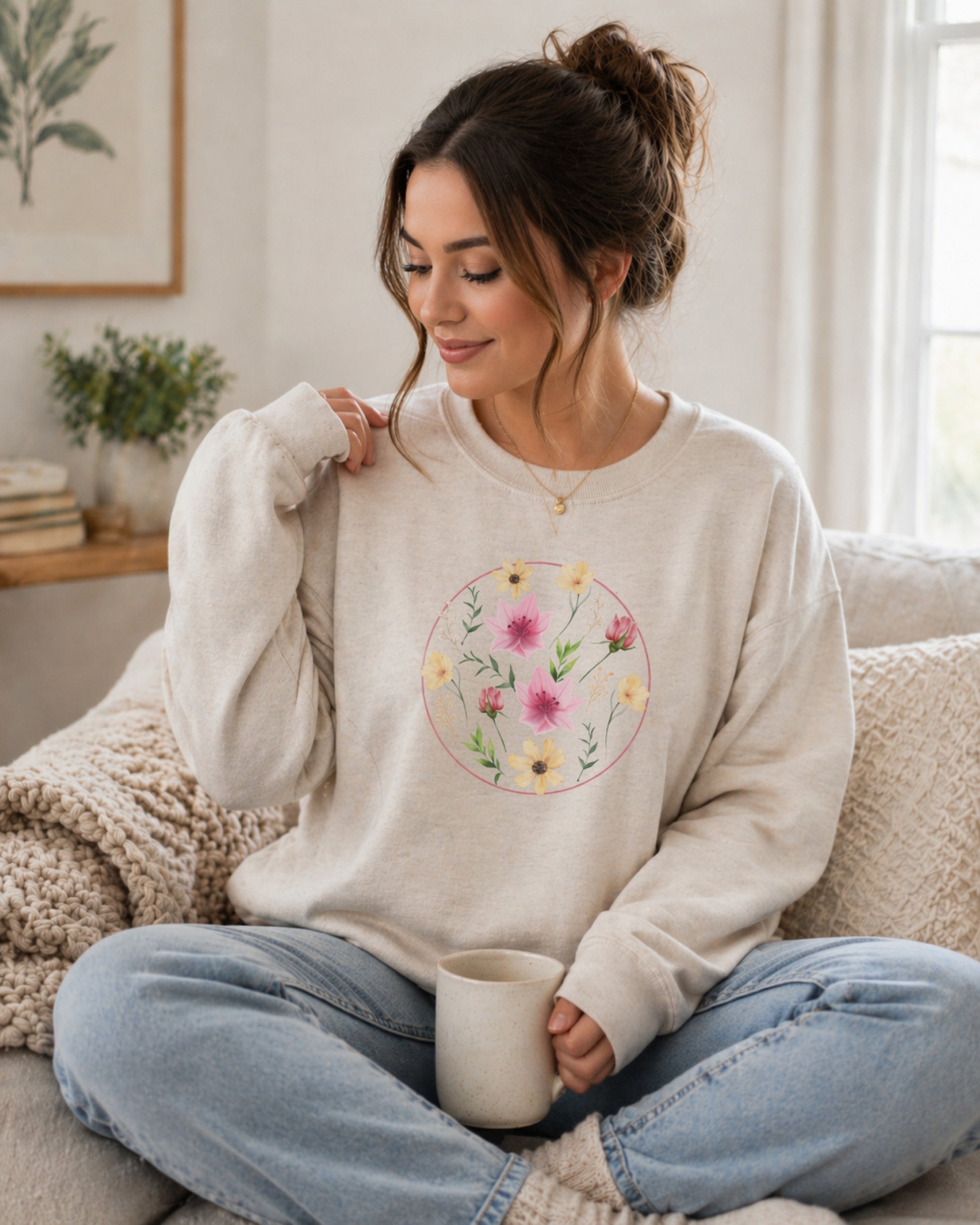 Woman wearing a cream sweatshirt with floral design, sitting on a couch holding a mug.