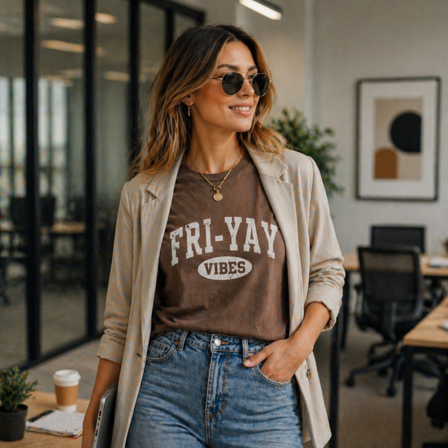 Woman wearing a 'FRI-YAY VIBES' t-shirt in an office setting