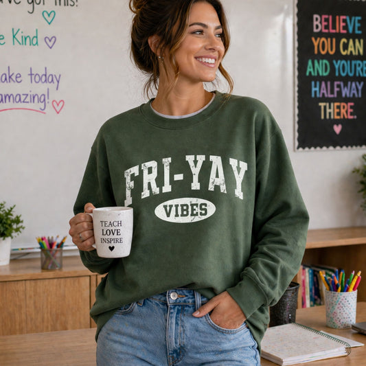 Woman in a classroom wearing a green sweatshirt with 'Fri-Yay Vibes' holding a mug.