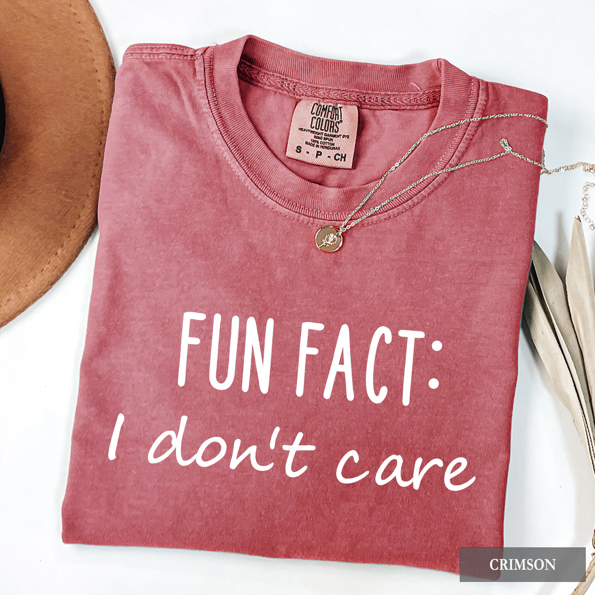 A crimson comfort colors shirt that says 'Fun Fact: I don't care' on it.