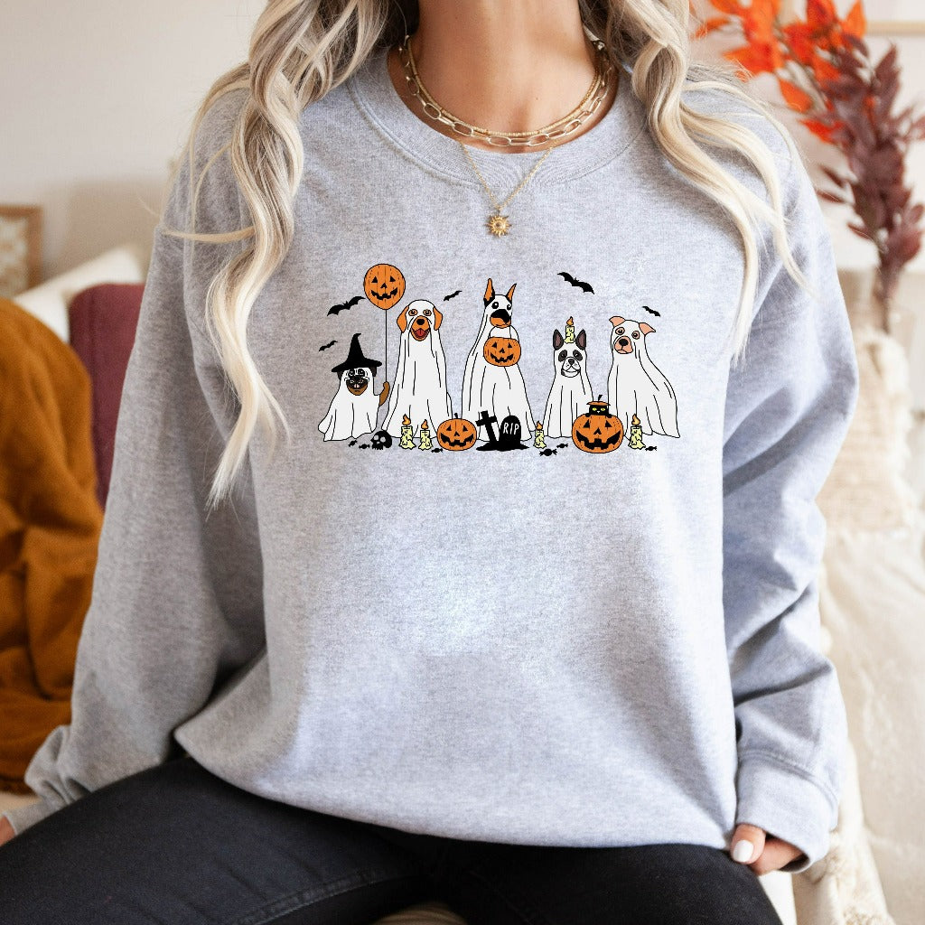 Ghost Dogs Halloween Sweatshirt, Pumpkins Crewneck, Cute Halloween Sweater, Vintage Retro Fall Shirts, Flowers Jack O Lantern Shirt