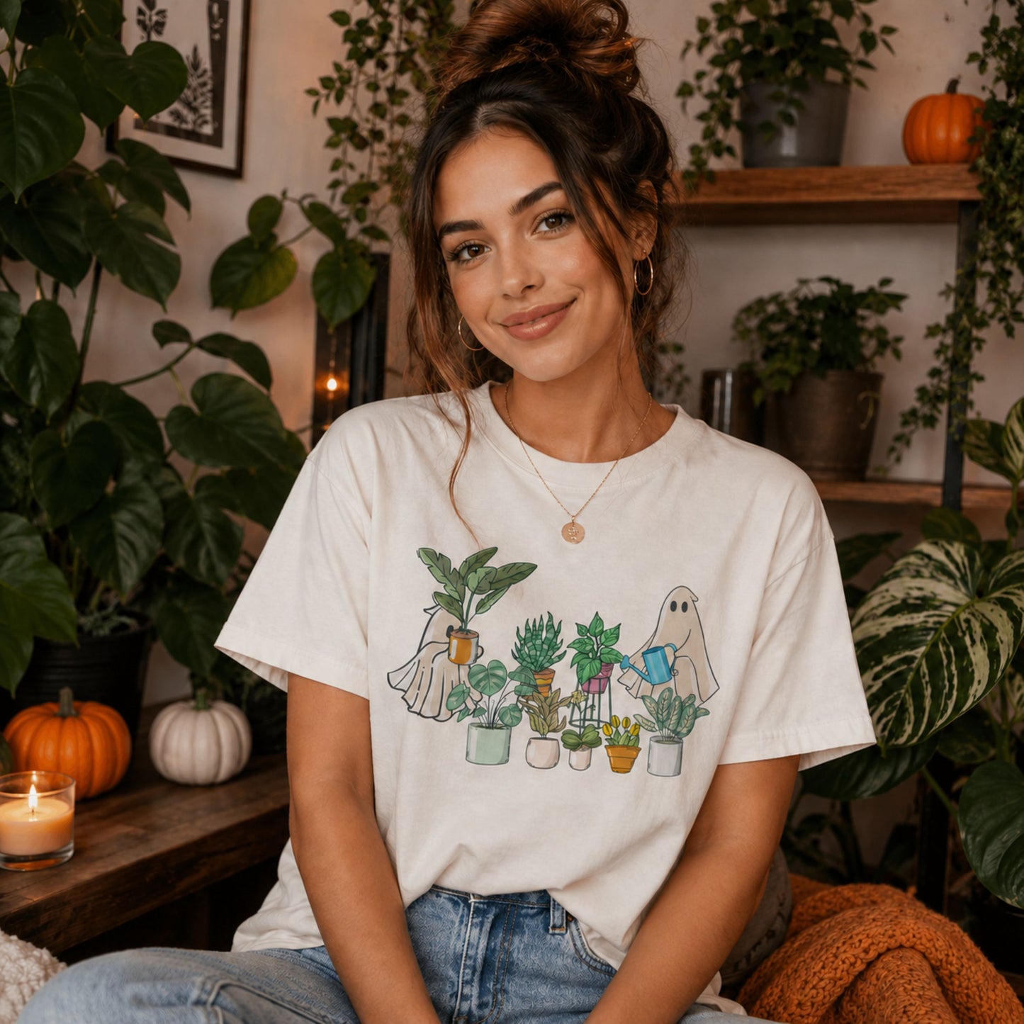 Woman wearing an ivory comfort colors t-shirt with an image of ghosts tending to houseplants on it.