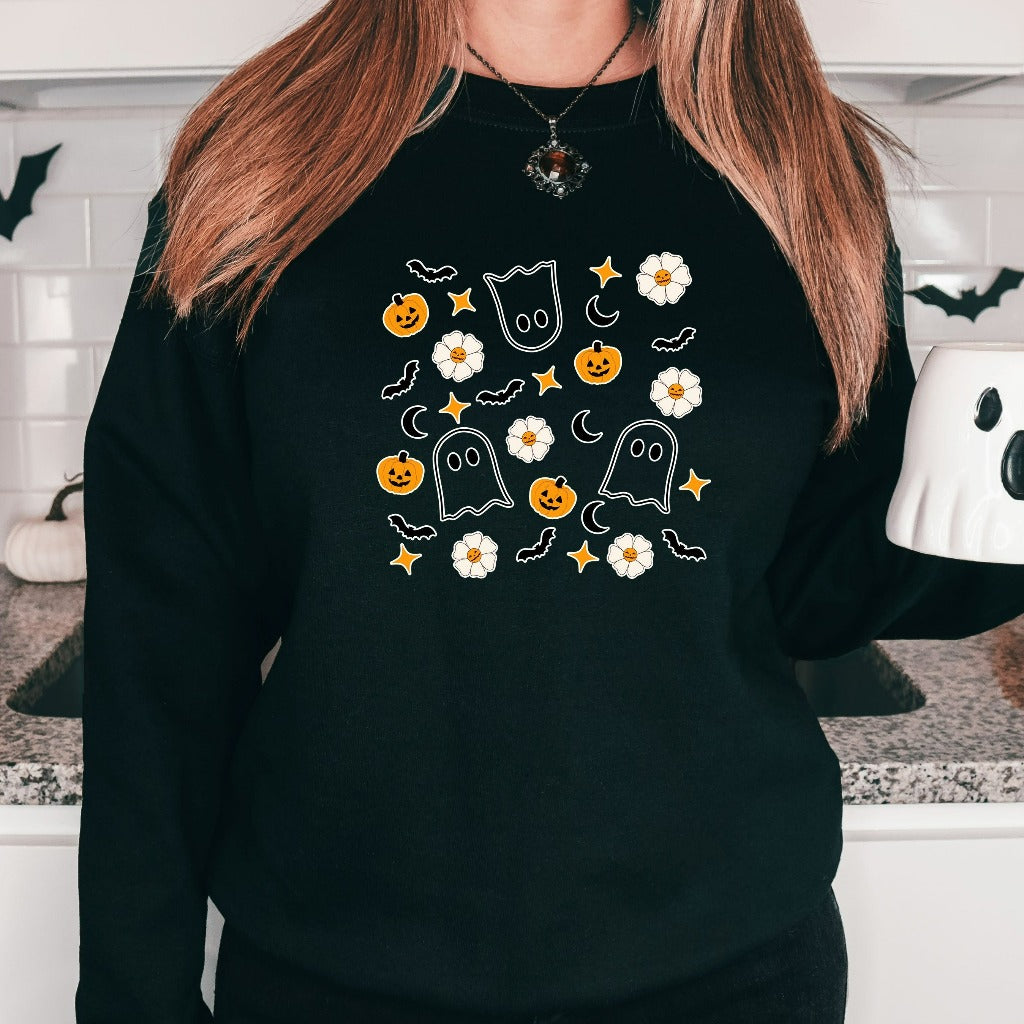 Halloween Doodles Sweatshirt, Halloween Little Things Crewneck, Ghost Pumpkin Sweater, Cute Spooky Autumn Gift, Fall Apparel for Her