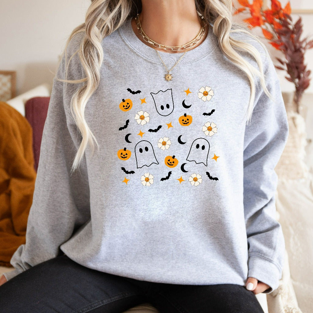 Halloween Doodles Sweatshirt, Halloween Little Things Crewneck, Ghost Pumpkin Sweater, Cute Spooky Autumn Gift, Fall Apparel for Her