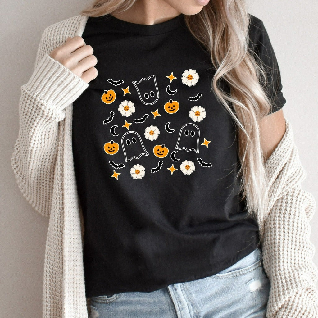 Halloween Doodles Shirt, Halloween Little Things TShirt, Ghost Pumpkin Flowers Graphic Tee, Cute Spooky Season Shirt, Retro Halloween Shirt