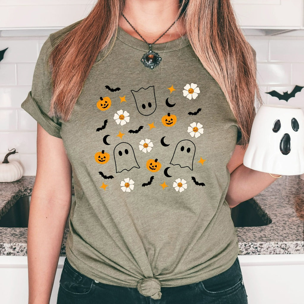 Halloween Doodles Shirt, Halloween Little Things TShirt, Ghost Pumpkin Flowers Graphic Tee, Cute Spooky Season Shirt, Retro Halloween Shirt