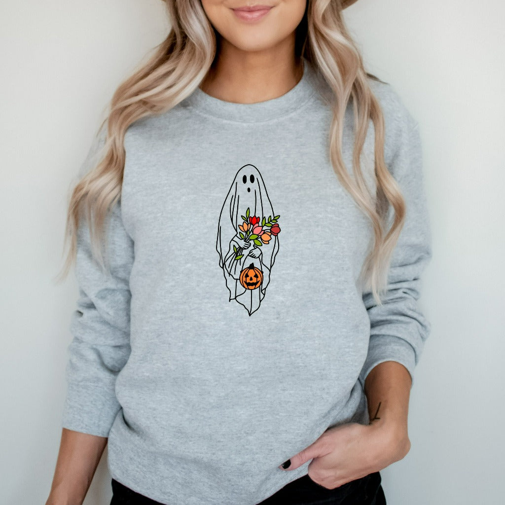 Floral Ghost Halloween Sweatshirt, Pumpkins Crewneck, Cute Halloween Sweater, Vintage Retro Fall Shirts, Flowers Jack O Lantern Shirt