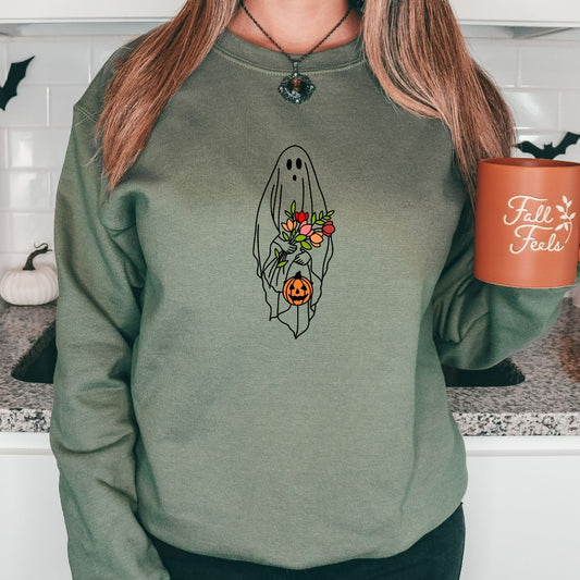 Floral Ghost Halloween Sweatshirt, Pumpkins Crewneck, Cute Halloween Sweater, Vintage Retro Fall Shirts, Flowers Jack O Lantern Shirt