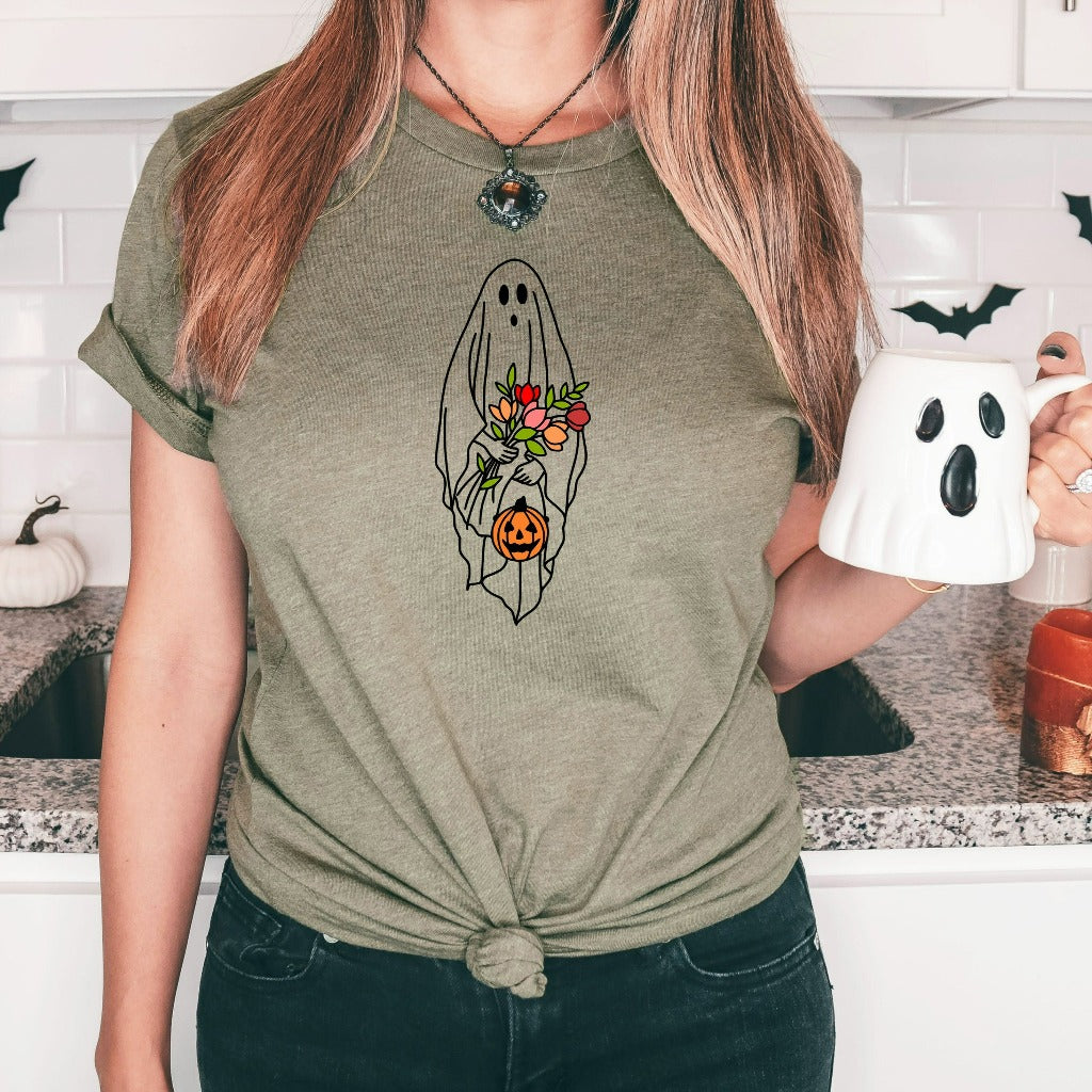 Floral Ghost Halloween Shirt, Pumpkin Halloween TShirt, Jack O Lantern Shirt, Fall Graphic Tee, Spooky Season, Fall Shirts for Women