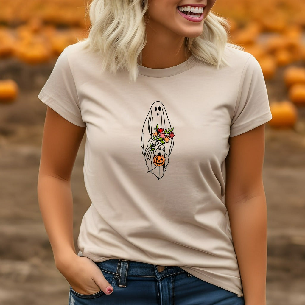 Floral Ghost Halloween Shirt, Pumpkin Halloween TShirt, Jack O Lantern Shirt, Fall Graphic Tee, Spooky Season, Fall Shirts for Women
