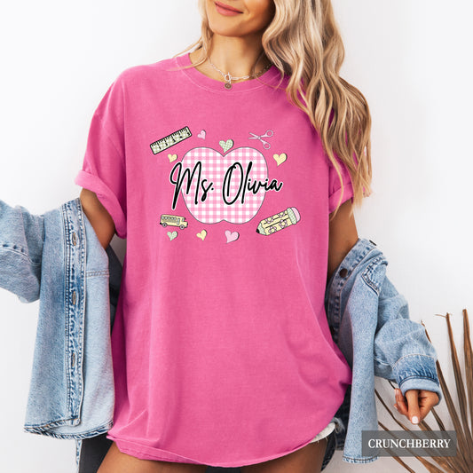 Personalized Teacher Gingham Apple Comfort Colors® Shirt