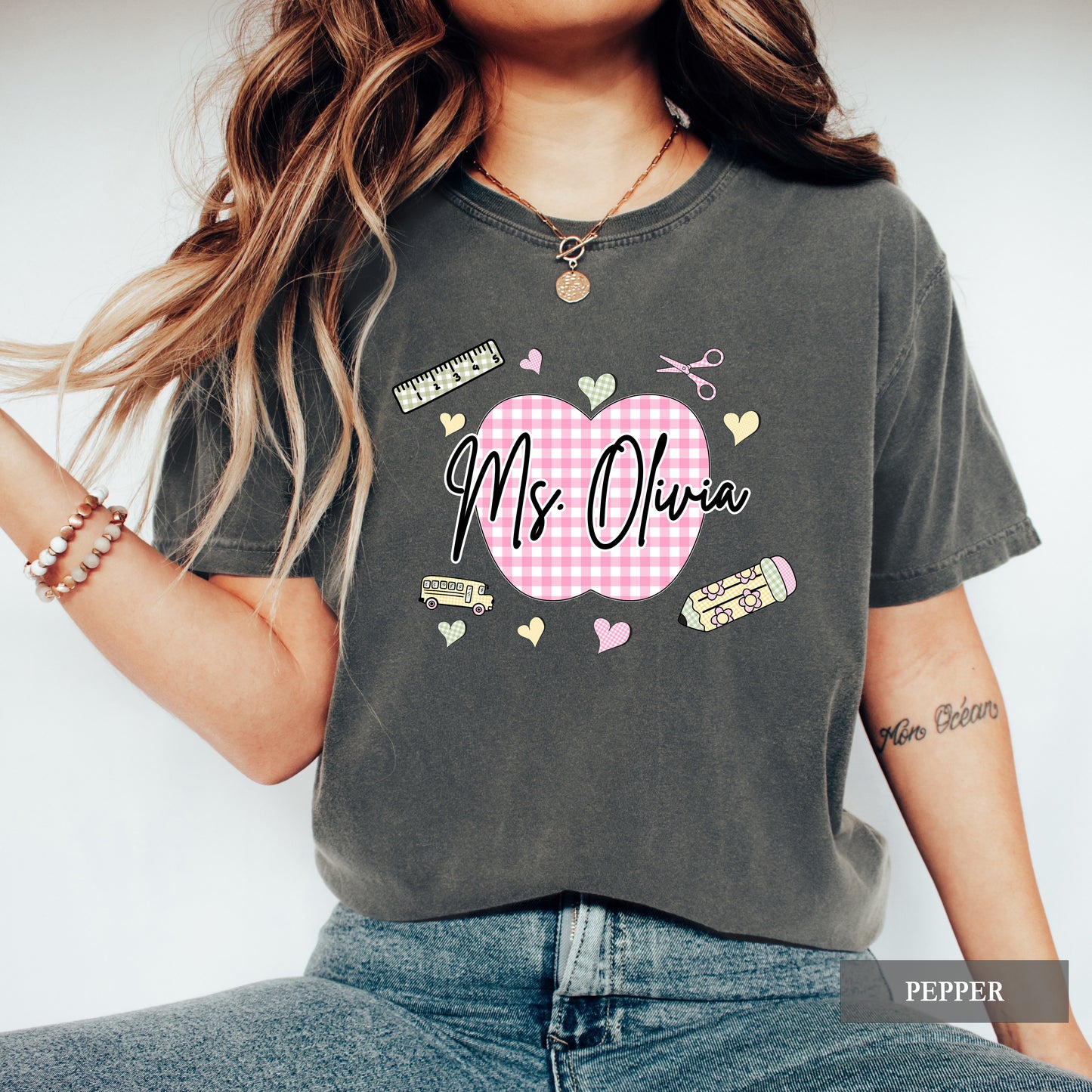 Personalized Teacher Gingham Apple Comfort Colors® Shirt