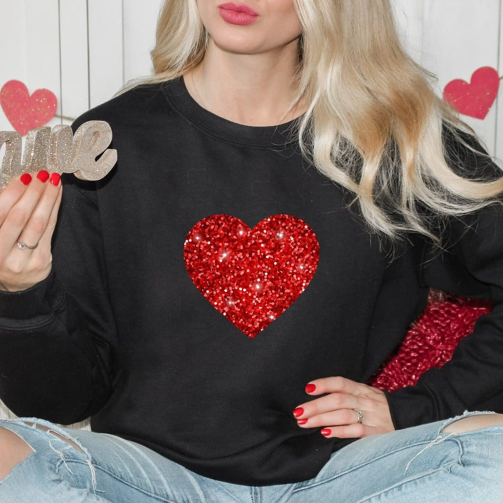 Valentine Glitter Heart Sweatshirt, Womens Cute Valentine Crewneck, Cozy Love Hoodie, Sparkly Valentine Sweater, Valentine Gift for Her