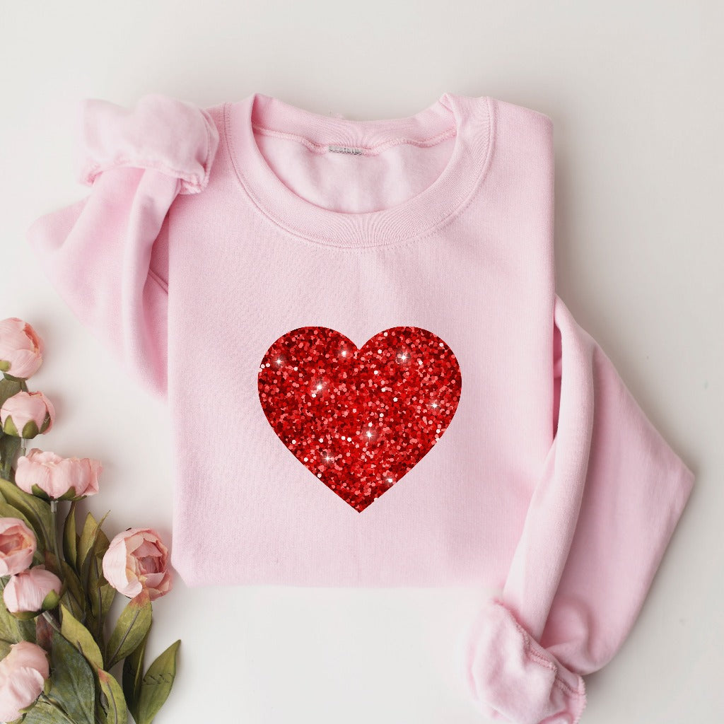 Valentine Glitter Heart Sweatshirt, Womens Cute Valentine Crewneck, Cozy Love Hoodie, Sparkly Valentine Sweater, Valentine Gift for Her