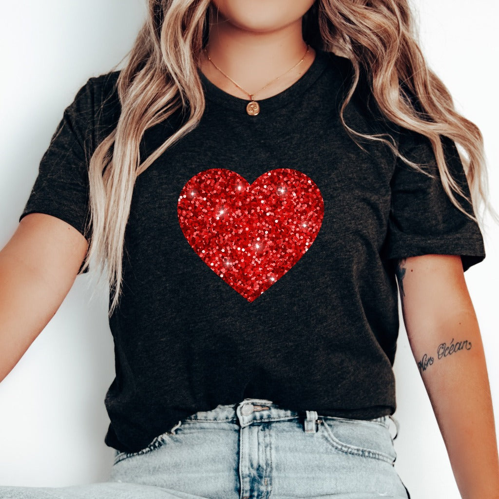 Glitter Heart Shirt, Womens Cute Valentine TShirt, Sparkly Heart Graphic Tee, Women Red Heart Valentine Shirt, Bling Valentine Gift for Her