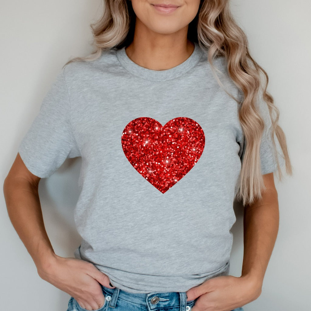 Glitter Heart Shirt, Womens Cute Valentine TShirt, Sparkly Heart Graphic Tee, Women Red Heart Valentine Shirt, Bling Valentine Gift for Her