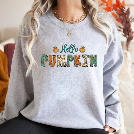 Hello Pumpkin Sweatshirt, Cute Fall Crewneck, Pumpkin Spice Hoodie, Fall Leopard Print Shirt, Halloween Shirts, Autumn Apparel, Gift for Her