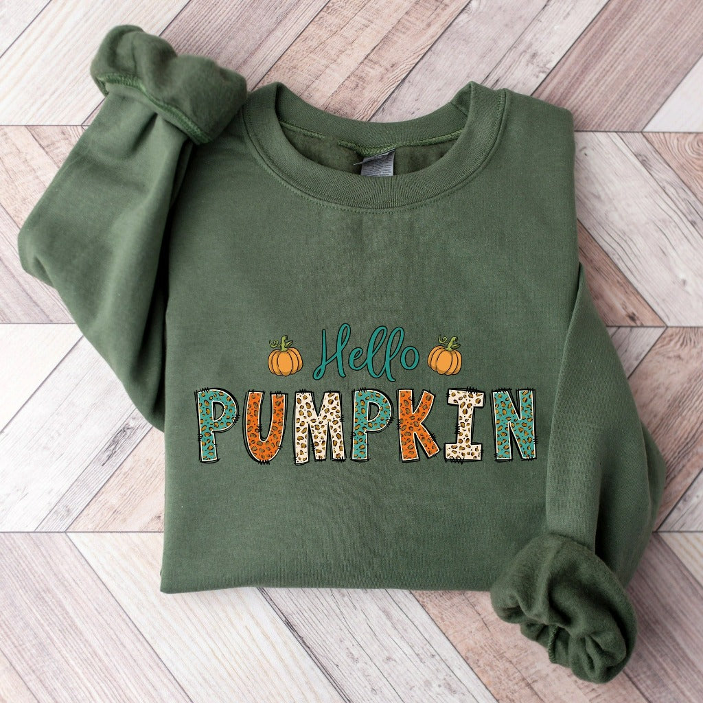 Hello Pumpkin Sweatshirt, Cute Fall Crewneck, Pumpkin Spice Hoodie, Fall Leopard Print Shirt, Halloween Shirts, Autumn Apparel, Gift for Her