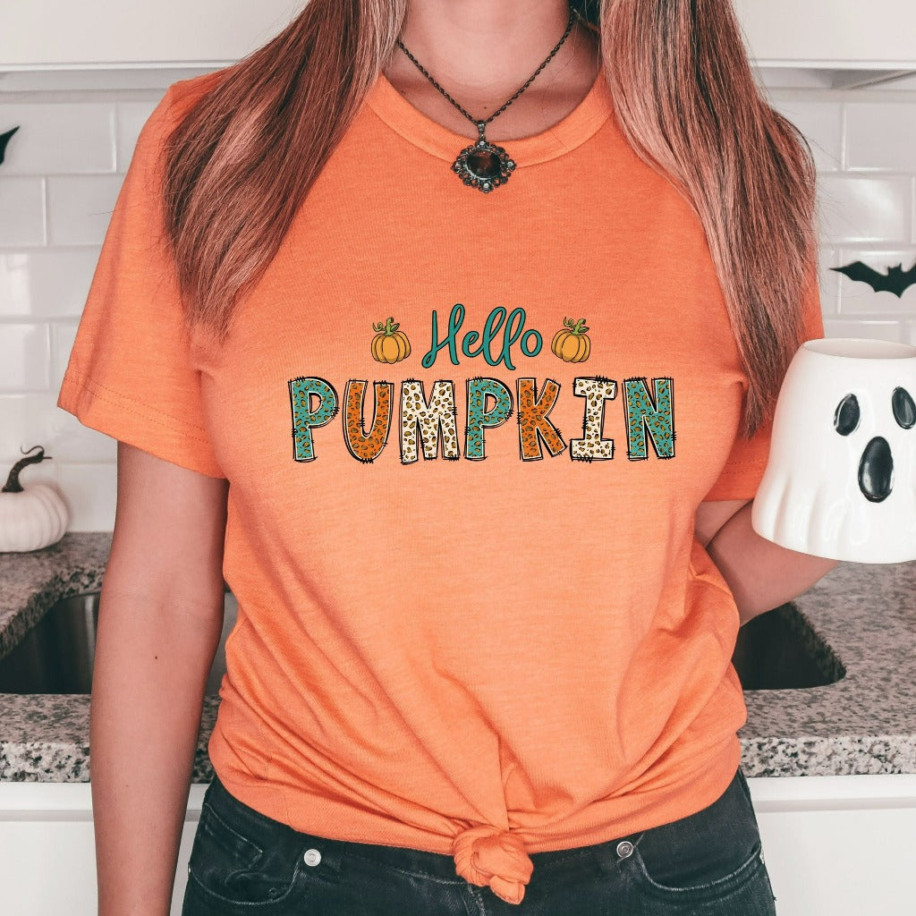 Hello Pumpkin Shirt, Cute Fall TShirt, Pumpkin Spice Graphic Tee, Fall Leopard Print Shirt, Halloween Shirts, Autumn Apparel, Gift for Her