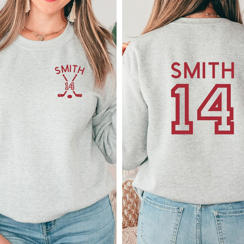 Custom Hockey Mom Sweatshirt, Personalized Hockey Crewneck, Game Day Hoodie, Name and Number Hockey Sweatshirt, Hockey Fan Shirt, Hockey Dad