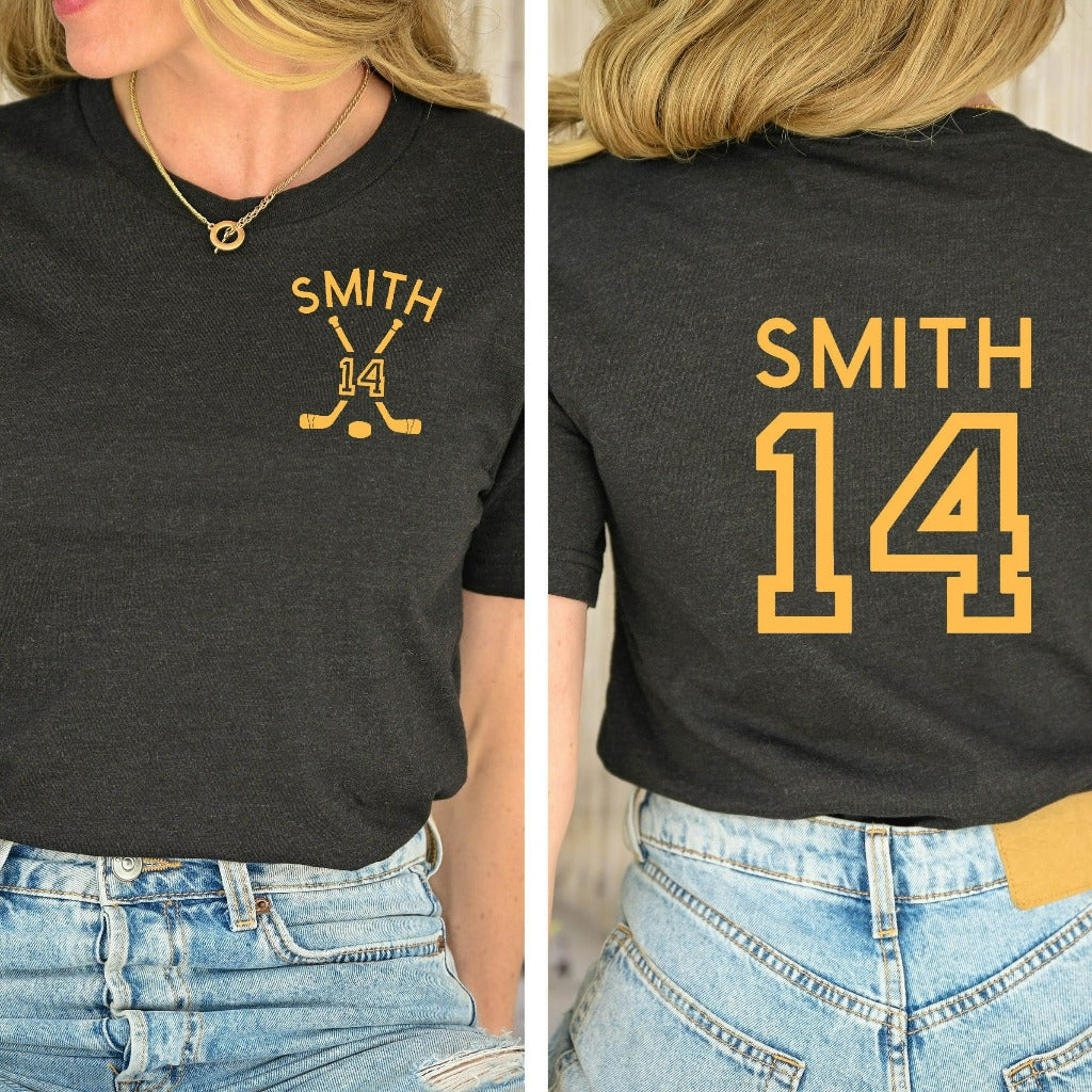 Custom Hockey Mom Shirt, Personalized Hockey TShirt, Game Day Hockey Mama Graphic Tee, Custom Name and Number Hockey Fan Shirt, Hockey Dad
